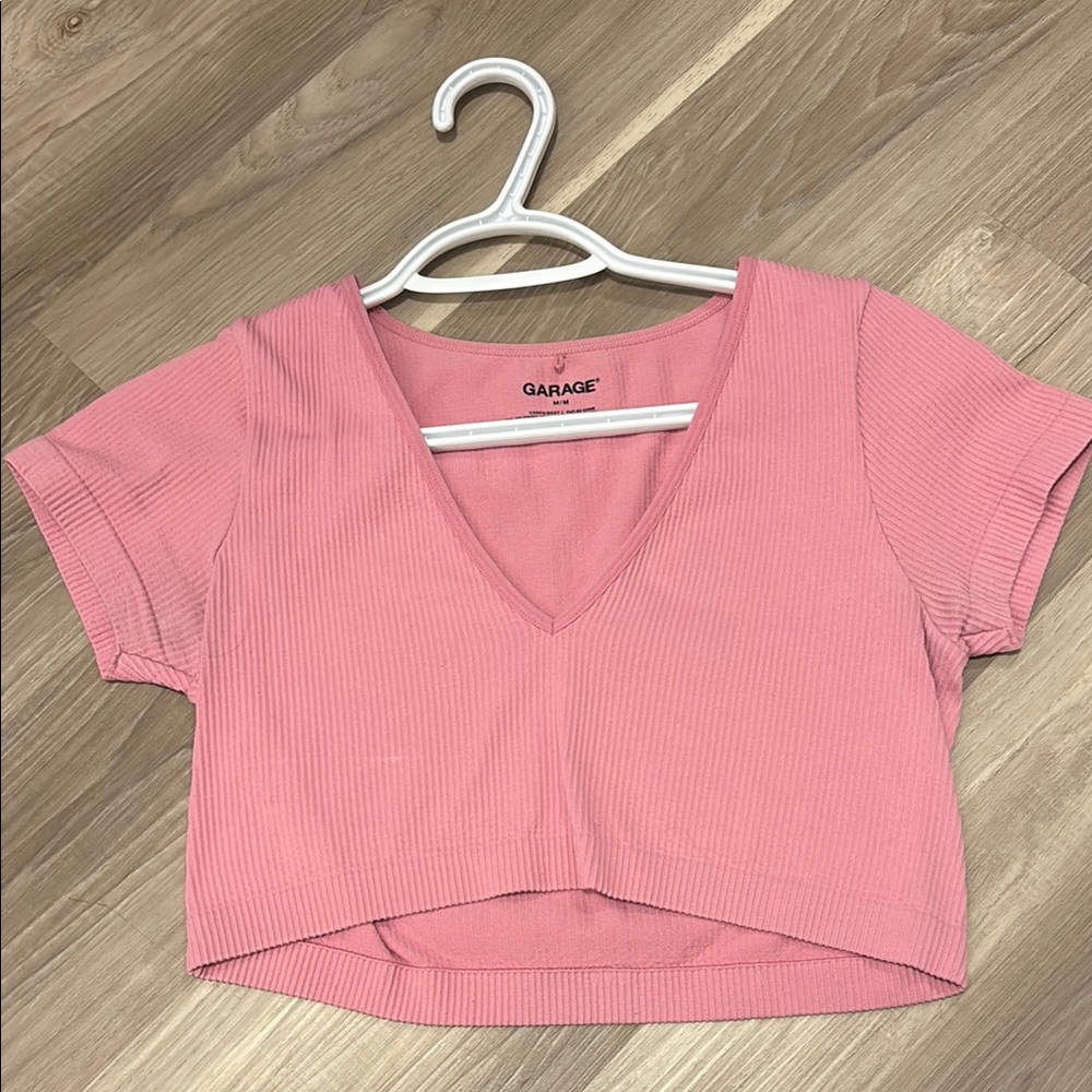 Garage Pink Ribbed V-Neck Crop Top